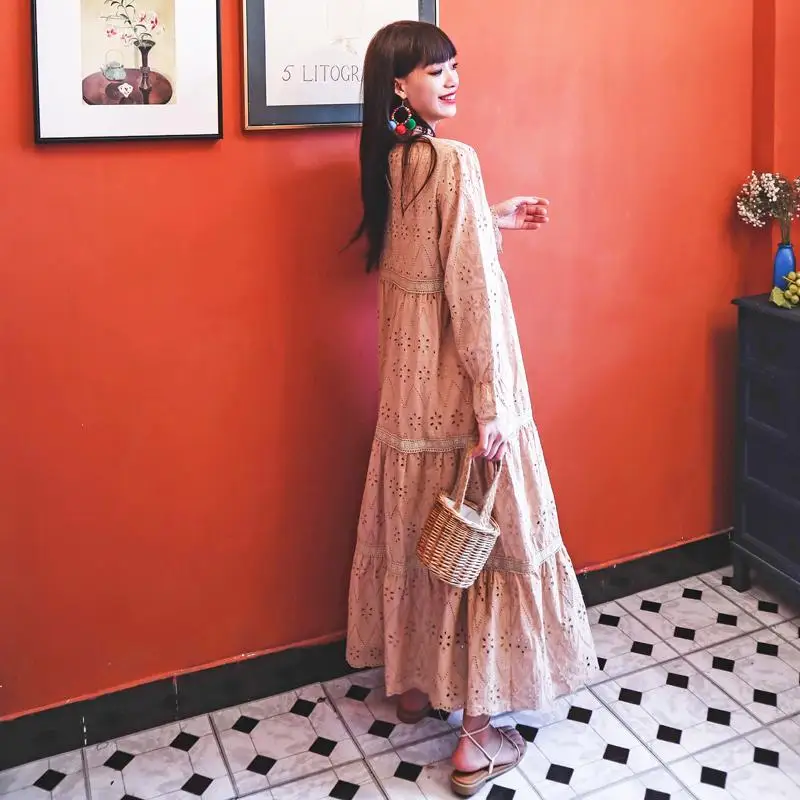 Video scene shooting high quality French embroidery, water soluble lace hollow-out long-sleeved dress three color
