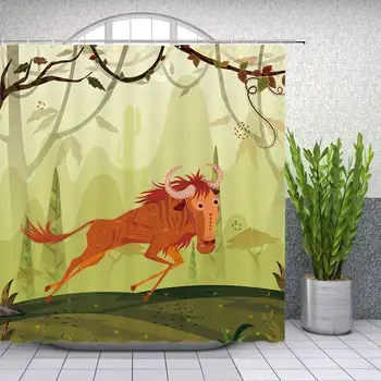 

Bison Shower Curtain Cartoon African Animals Hand Painted Bathroom Decor Waterproof Polyester Fabric Home Bath Decor Accessories