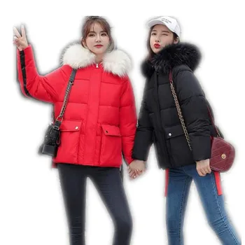 

Loose Winter Women Jacket2019Fashion Patch Letter Women Parkas Hooded Fur Collar Cotton-Padded Jacket Office Lady Snow Wear H068