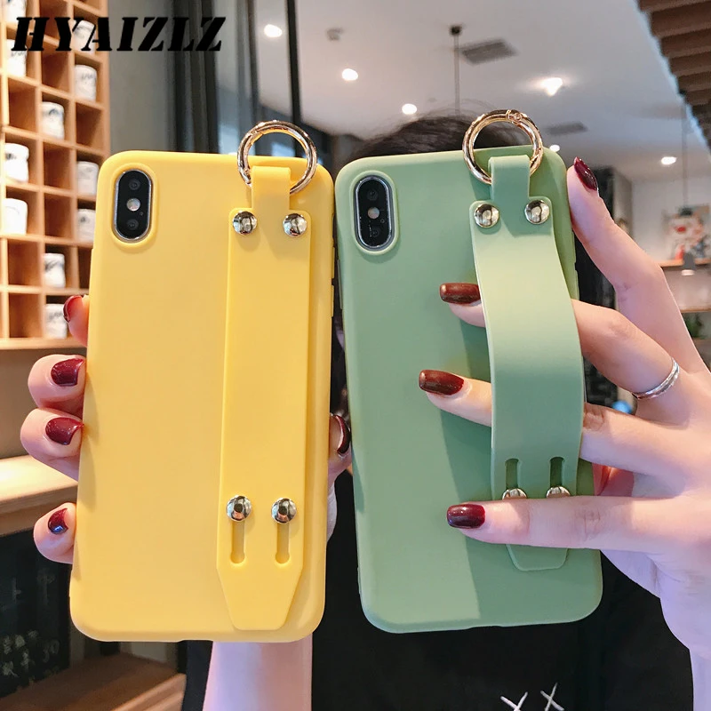 

XS Matte Case for iPhone 11 Pro Max XR X 6 7 8 Plus Soft Silicone Back Cover whit Non Slip Wrist Strap Stand Solid Color Coque