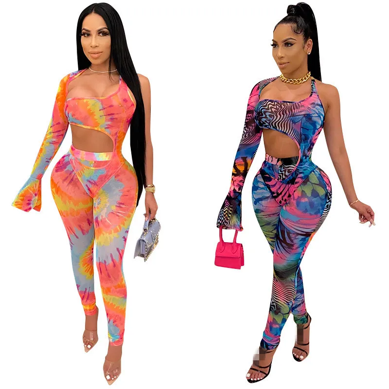 

PD Women Sexy Suit Two-piece Clothes Set One Shoulder Irregular Printed Pattern Romper + Long Pants Matching Sets