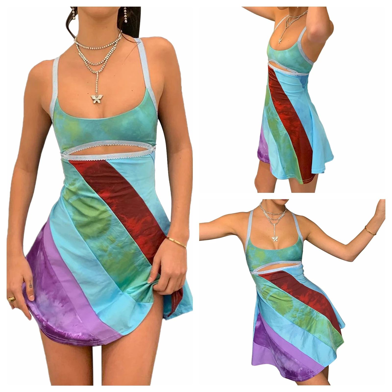 Contrast Color U-neck Hollow A-line Dress Womens Casual Suspender Short Dress Fashion Streetwear Vestidos