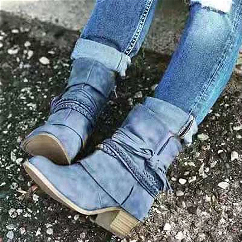 

Women Autumn Winter Flock Ankle Boots Zipper Round Toe 3.5cm Square Heel Solid Casual Blue Khaki Booties Size 35-43