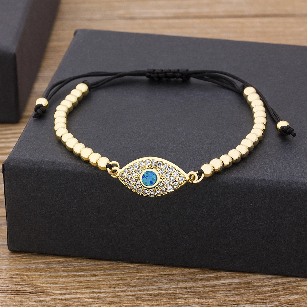 Медный браслет Hamsa Hand Evil Eye с фианитами регулируемый из турецкой плетеной веревки
