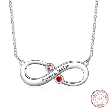 

925 Sterling Silver Personalized Infinity Pendant Necklace with 2 Birthstones Engraved Name Necklaces for Women Custom Jewelry
