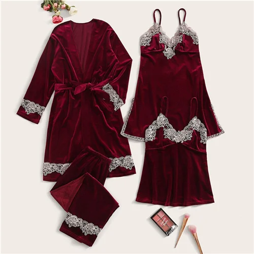 SHEIN однотонная контрастная кружевная бархатная Ночная рубашка на бретельках с пижамным комплектом и поясом халат, женская одежда для сна Весенняя эластичная Повседневная Ночная рубашка - Цвет: Burgundy