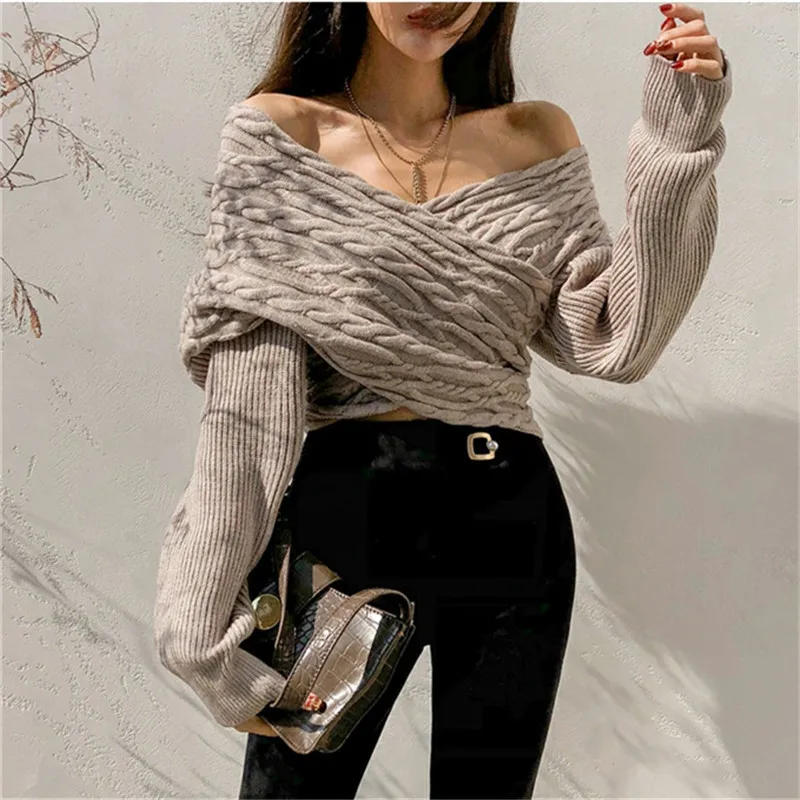 RUGOD, корейский Однотонный женский свитер, пуловеры с v-образным вырезом, с открытыми плечами, Вязанный свитер, осенний Модный женский теплый тонкий свитер