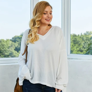 

Women Plus Size Knitted Sweater Spring 2020 V-Neck Casual Pullovers Tops Ladies Solid White Long Sleeve Knitwear 4XL 3XL