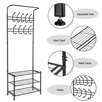 

Hall Tree Metal Entryway 18 Hooks Coat Rack with 3-Tier Shoe Rack Hallway Organiser Black