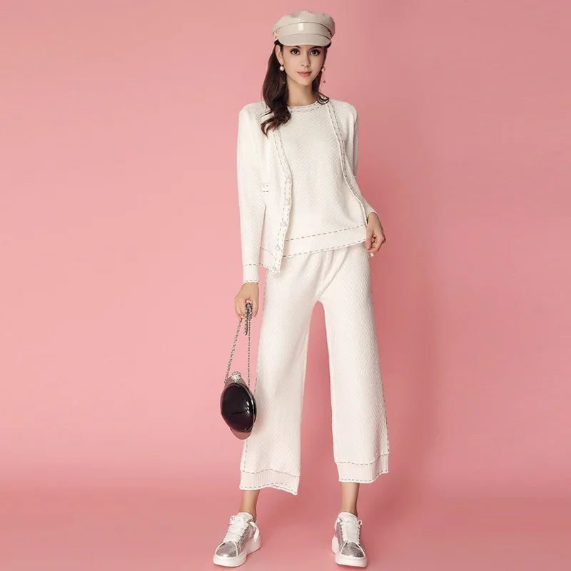 

Luxury Designer Clothes Women Fashion 3 Pieces Knit Cardigant+Top+Trousers Ensemble Femme Autumn New Casual Suit Ropa Mujer