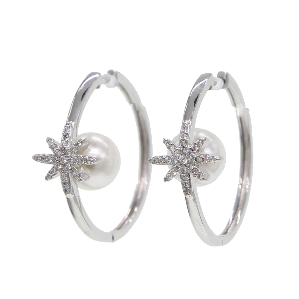 Gold gold big hoop earrings setting white round pearl delicate star snowflake CZ stone for women Gorgeous fashion charm jewelry