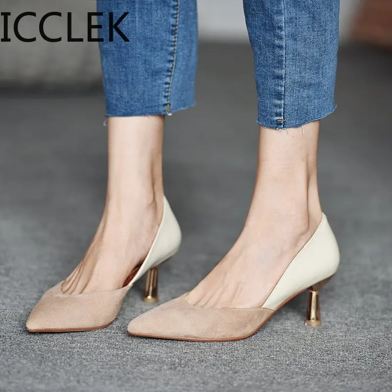 Dress-Shoes Pumps Low-Heels Pointed-Toe ICCLEK Women Ladies Fashion Boat Patchwork