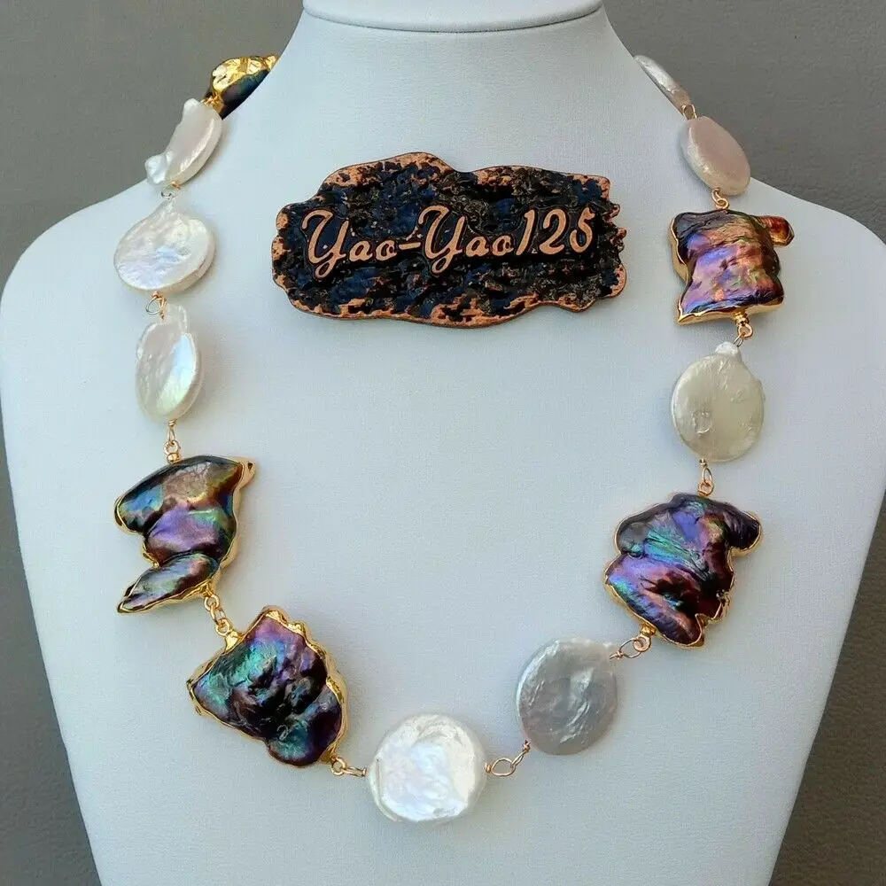

19'' Freshwater Black Keshi Pearl White Coin Pearl Necklace