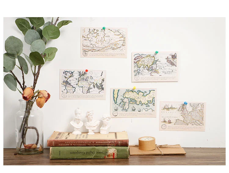 30pcs Retro World Travel Map Postcard Writable Decoration Cards Journal Wall Sticker Photo Props Greeting Paper Stationery Gift