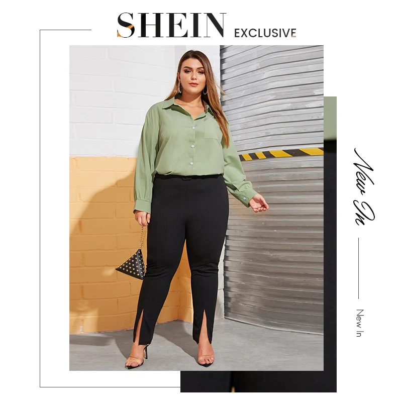 SHEIN плюс Размеры зеленый с передним карманом: Однотонная рубашка, блуза Для женщин Демисезонный отложной воротник длинный рукав Повседневное плюс Топ Блузки