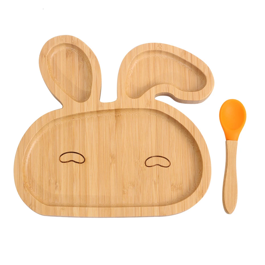 rabbitOrange Деревянная миска для кормления животных, тарелка, посуда, вилка, ложка детские столовые приборы, бамбуковое волокно, детская мультяшная разделительная тарелка для кормления - Цвет: rabbitOrange