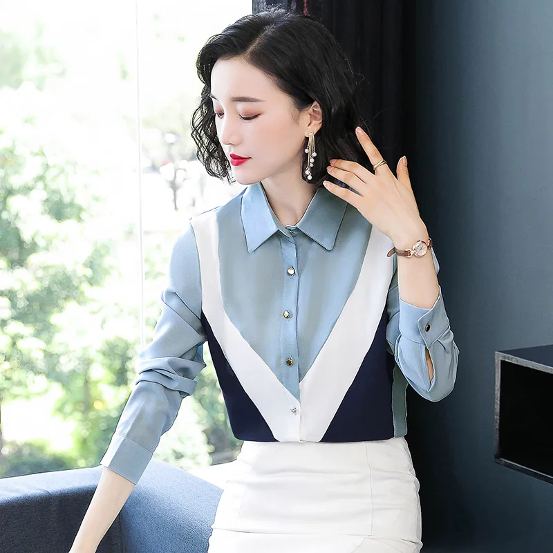 

COIGARSAM Plus Size Work Patchwork Shirt Womens tops New Spring Office Lady Full Sleeve Chiffon Women shirts Blue 7788