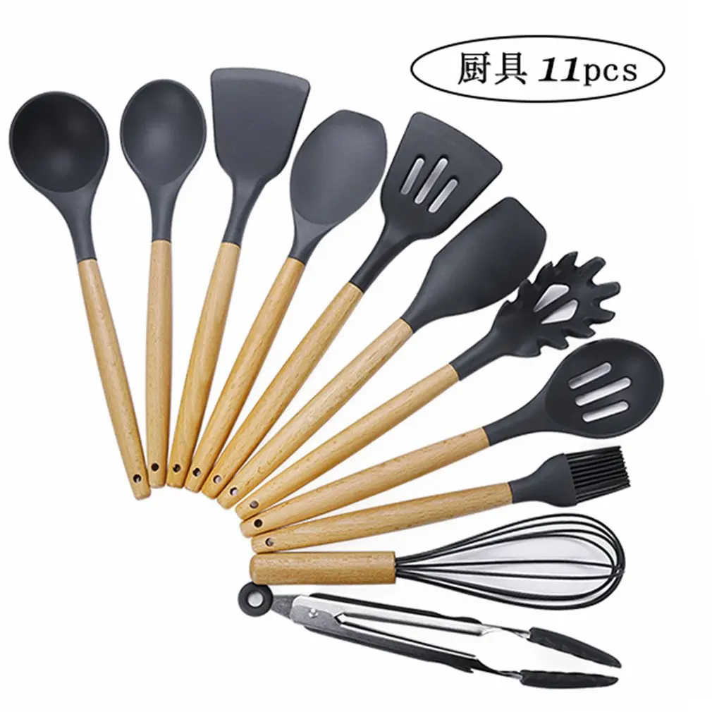 11Pcs Kitchen Utensils Wooden Handle Stainless Steel Cooking Set Pliers Whisk Slotted Spoon Soup Spoon Cooking Tools