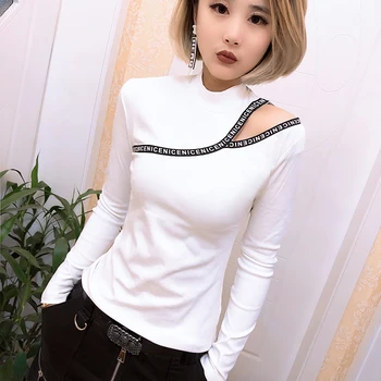 

Fashion Women Cotton Turtleneck Tshirtt Letter Print Clothes 2019 Black Long Sleeve Top Sexy Off The Shoulder Tops For Women