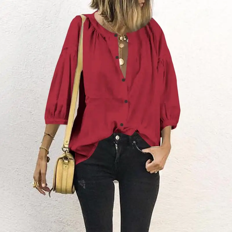 Летние Стильные топы, Celmia, женская блузка с круглым вырезом, 3/4, рукав-фонарик, Повседневная рубашка, свободные пуговицы, одноцветные винтажные Блузы 5XL - Цвет: Wine Red