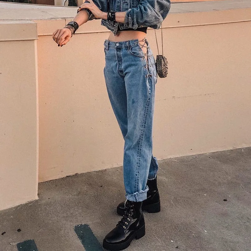

Women Jeans 2020 Sexy Link Chain Loose Mid Waist Hollow Out Overalls Slim Long Short Wide Leg Jeans Streetwear Fashion Vintage