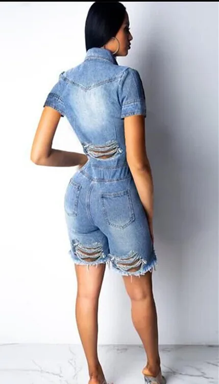 Женский Облегающий комбинезон с глубоким v образным вырезом голубой джинсовый