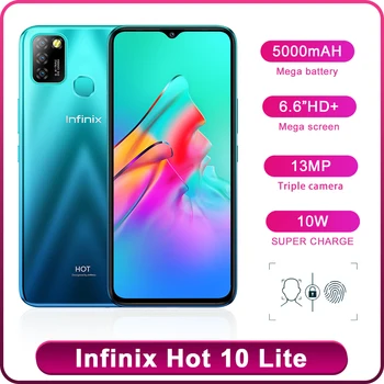 Перейти на Алиэкспресс и купить Infinix Горячая 10 Lite смартфонов 6,6 дюйм, ВЫСОКАЯ ЧЁТКОСТЬ, Дисплей 5000 мА/ч, 13MP тройной Камера отпечатков пальцев и распознавания лиц и Смарт Android моби...