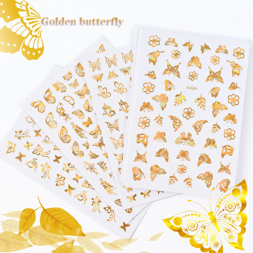 

16Pc Nail Art Stickers Set Golden Butterfly Hollow Pattern Shiny Design Creative 3D Adhesive Manicure Slider Bulk Nails Decal L5