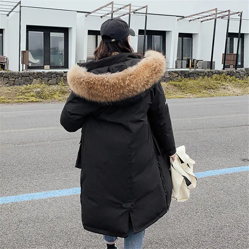Зимние теплые плотные Длинные куртки повседневные пальто женские парки с капюшоном из натурального меха енота женская верхняя одежда с хлопковой подкладкой пальто - Цвет: Черный