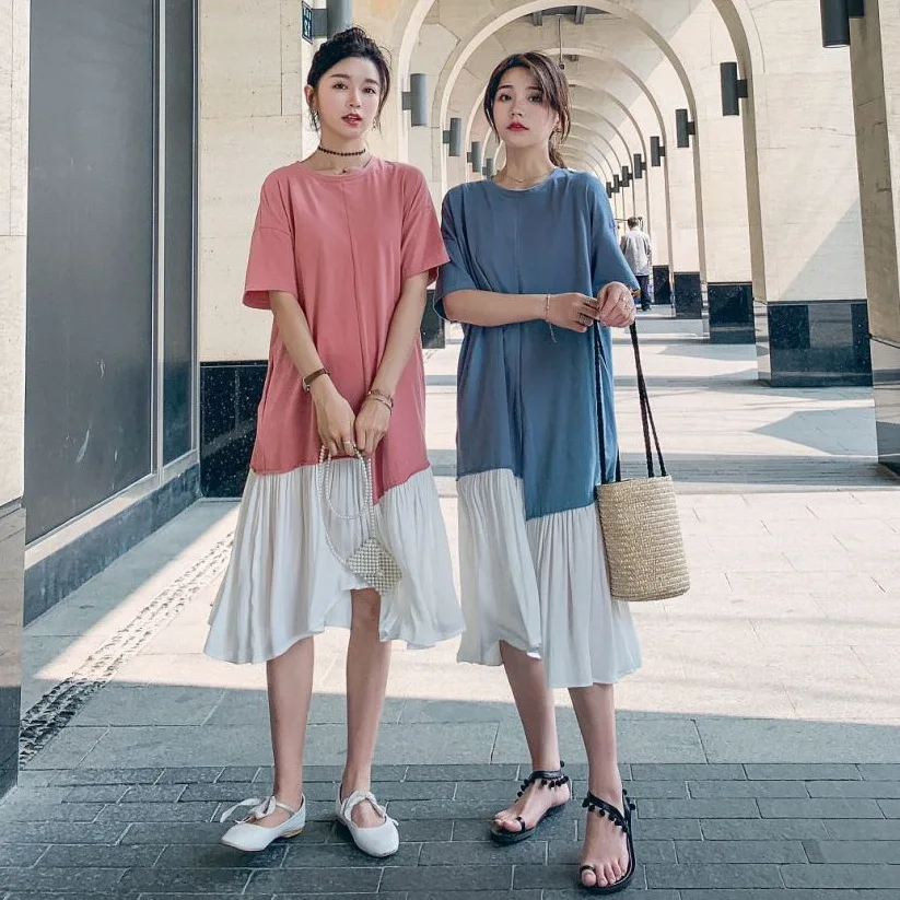 

Photo Shoot CHIC Ladies' Pale Lilac Loose Short Sleeve Crew Neck Joint Irregular Pleated Flounced Hoodie Dress Women's