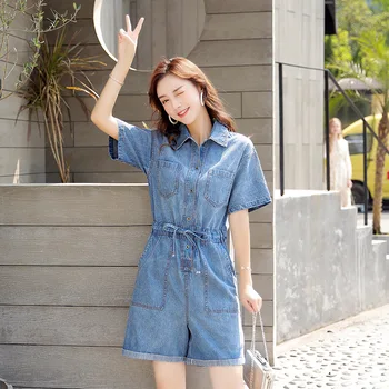 

Women Casual Drawstrings Light Blue Denim Playsuits for Summer 2020 New Short Sleeve Button Pockets Short Jumpsuits Rompers