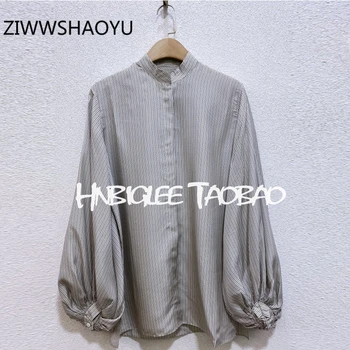 

ZIWWSHAOYU Elegant Turtleneck Striped Print Women Spring Silk Shirt Ladies Puff Sleeve Side Split Streetwear Loose Blouse