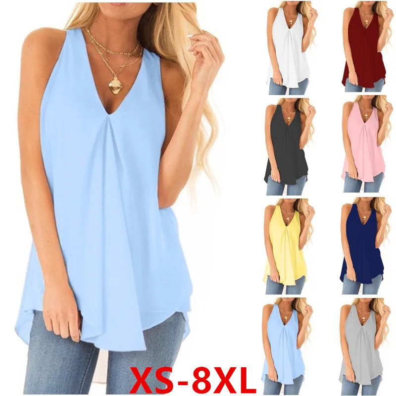New Summer Plus Size 8XL Women Chiffon Tops Casual Loose V-neck Sleeveless Pullover Vest Solid Color White Black blue Tank Tops New Summer Plus Size 8XL Women Chiffon Tops Casual Loose V-neck Sleeveless Pullover Vest Solid Color White Black blue Tank Tops
