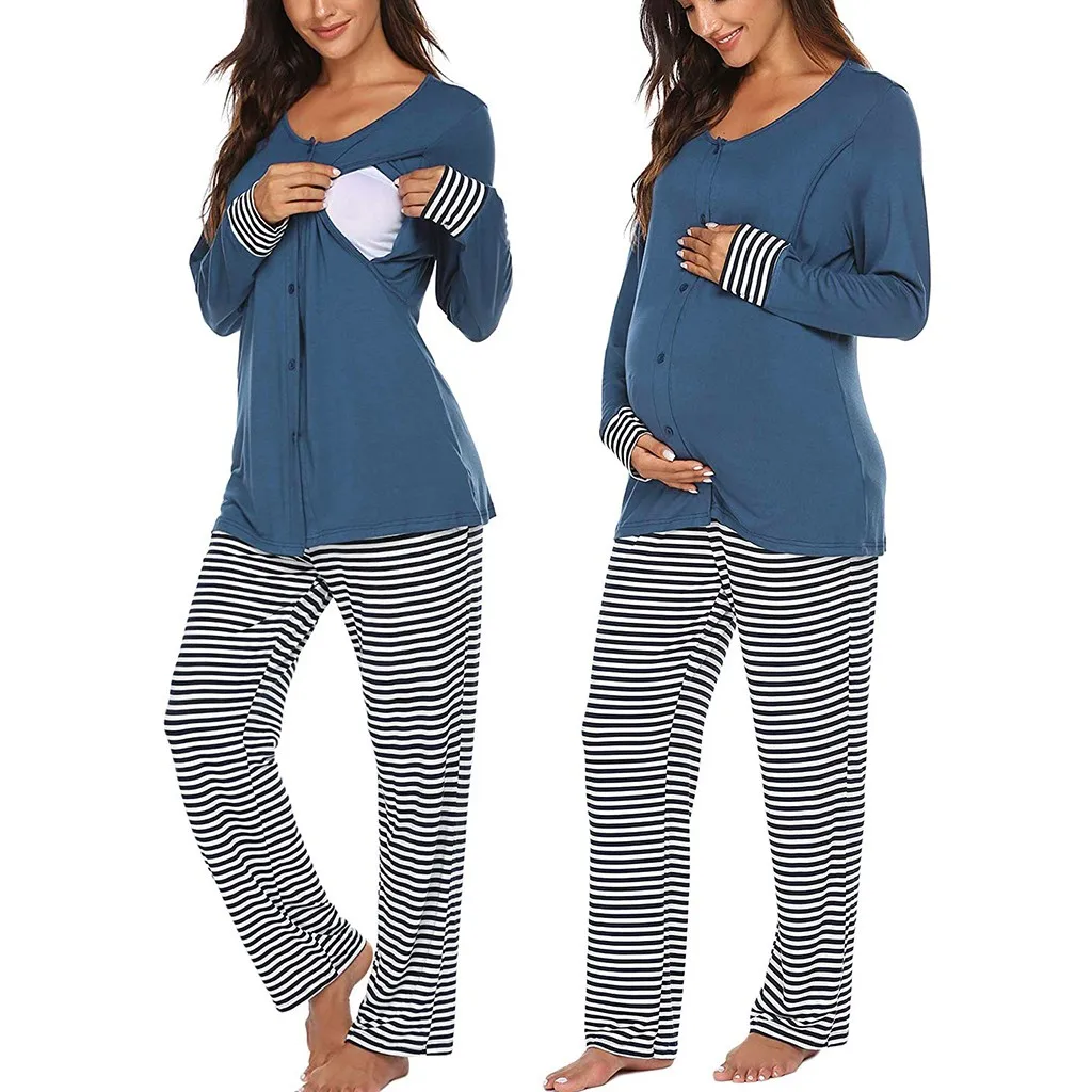 Зимняя пижама с длинными рукавами для беременных и кормящих женщин; футболка+ штаны в полоску; Удобный пижамный комплект для грудного вскармливания