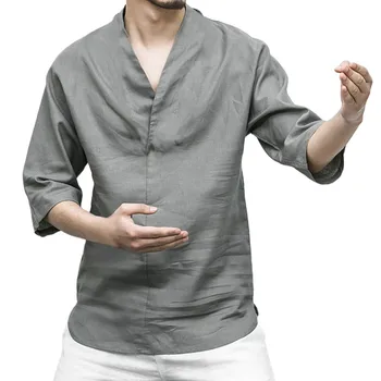 

Shirt Men Linen Patchwork Seven-Minute Sleeve Solid Color Loose V Neck Long Sleeve Top Blouse oversized sweatshirt sudaderas7.24