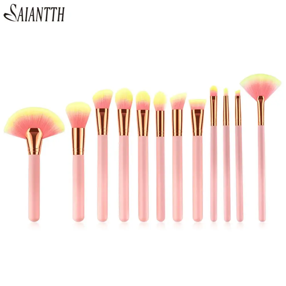 

SAIANTTH 12pcs Makeup Brushes set Beauty Tools Foundation Fan Brush High End Wooden Handles Gold Tube women face eye kit make up