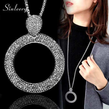 

SINLEERY Dazzling Full Cubic Zirconia Hollow Round Pendant Long Necklace for Women Statement Maxi Jewelry Accessories MY102 SSA