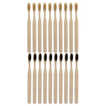 

20 Pcs Environmentally Wood Bamboo ToothBrush Bamboo Fibre Wooden Handle Tooth Brush Whitening, 10 Pcs Black & 10 Pcs Yellow