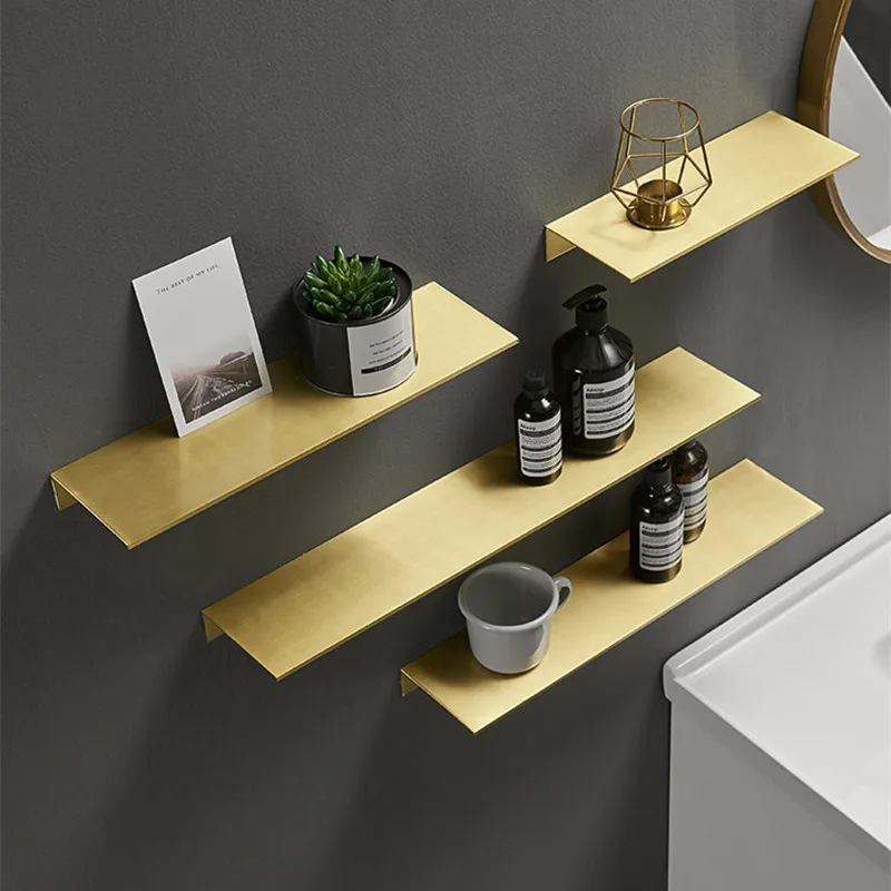 Brushed Gold Metal Bathroom Shelf Wall Storage Rack Washstand Drilling