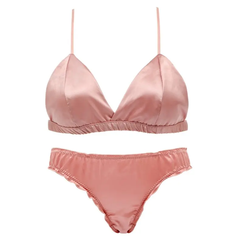  Bralette Wire Free Satin Bra Set thin Triangle cups Solid Color Bra and Panty Set Lingerie Underwea