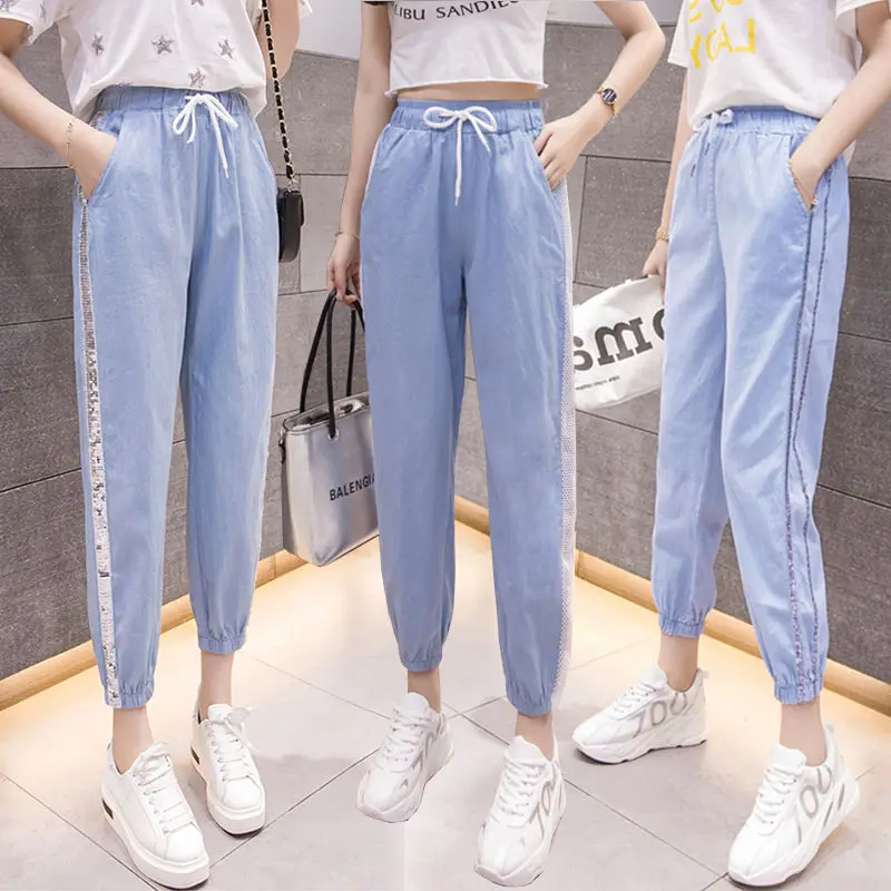 

Patchwork Sequined Jeans Women Washed Denim Trouser Jeans Female Elastic Waist Cargo Pants Side Striped Jeans