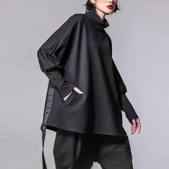 

2019 Autumn Winter Casual Loose Turtleneck Hoodies Split Batwing Sleeve Pollver Black Pockets Plus Size Sweatshirt