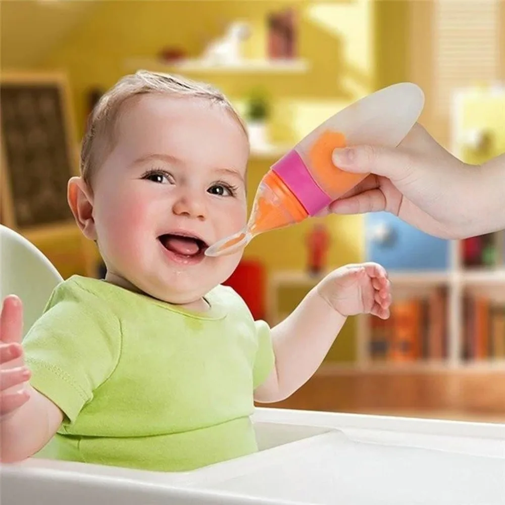 

Newborn Baby Squeezing Feeding Bottle Silicone Training Rice Spoon Infant Cereal Food Supplement Feeder Safe Tableware Tools