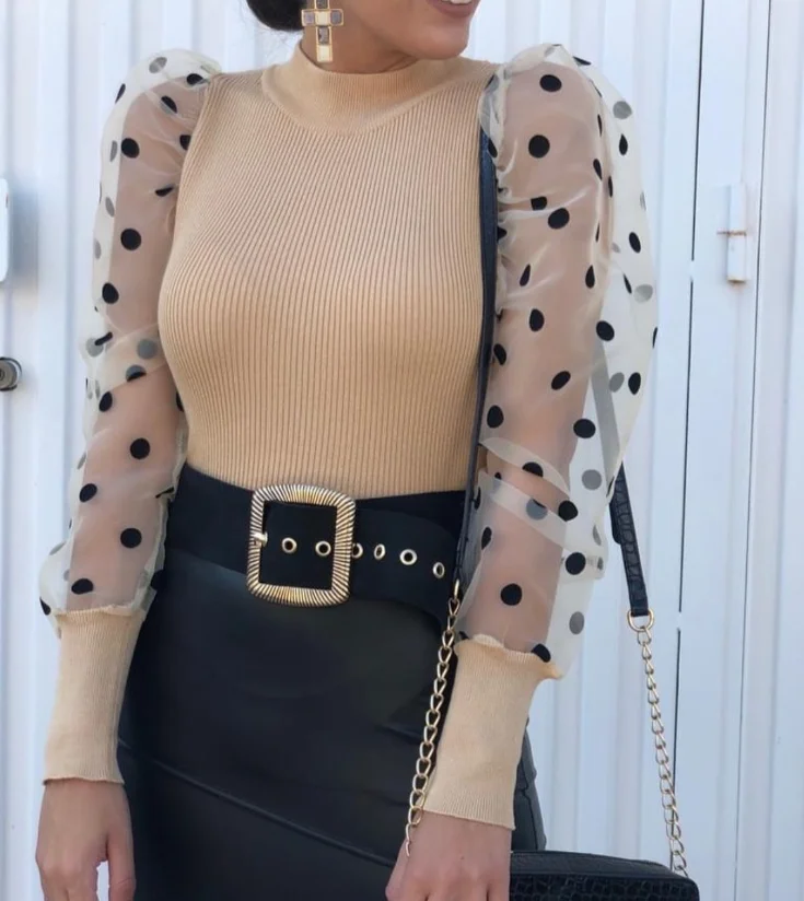 05 Polka Dot Apricot Женские модные, прозрачные блузки с длинным рукавом в сеточку, сексуальные топы с рукавом-фонариком, винтажные мешковатые блузки с рукавом в горошек и круглым вырезом - Цвет: 05 Polka Dot Apricot