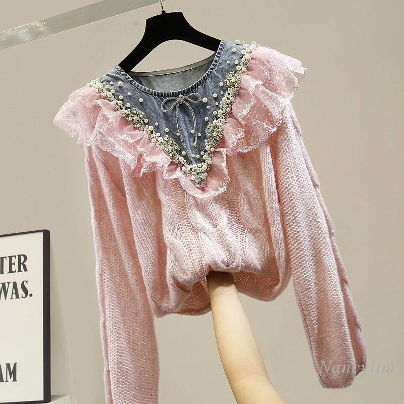 Knit Top Woman Handmade Beaded Denim Stitching