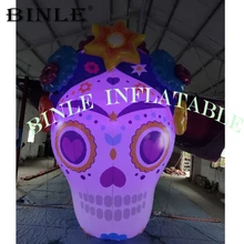 Настроить 12ft красочные надувной череп голова с цветами надувной призрак воздушный шарик со светодиодной подсветкой Хэллоуин украшения