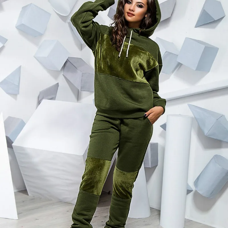 Женский комплект из двух предметов, повседневный теплый спортивный костюм в стиле пэчворк, женские комплекты из двух предметов больших размеров, зимний свитер с капюшоном, костюмы - Цвет: Army Green 2Pcs