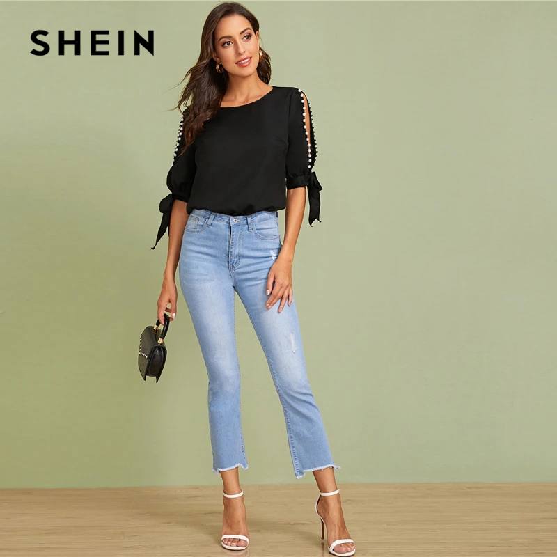 SHEIN цельный жемчуг бисер сбоку браслет с узелком Элегантная блузка женские топы осень Половина рукава базовые блузки для молодых девушек