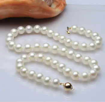

Jewelry Free Shipping genuine AAA++ 9-10mm white cultured pearl necklace 17" 14KGP/585 gold