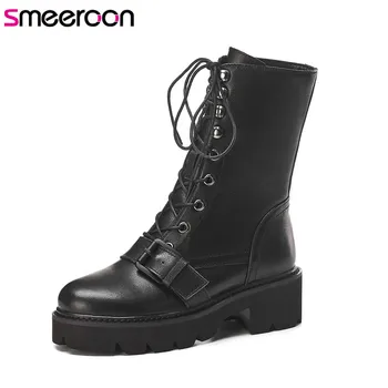 

Smeeroon new arrive 2020 autumn riding boots for lady round toe shoes high heel boots black genuine leather women's ankle boots